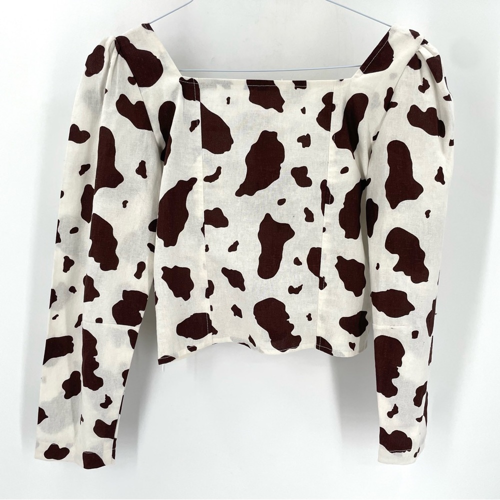 Luke Wullf Georgia Cow Print Sweetheart Neck Puff Long Sleeve Western Rodeo Top - Picture 6 of 9